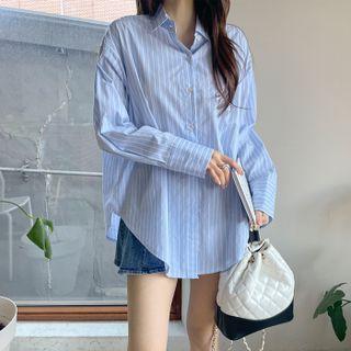 Curve-hem Oversize Stripe Shirt