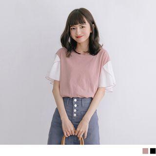 Ruffle Panel Sleeve Round Neck Top