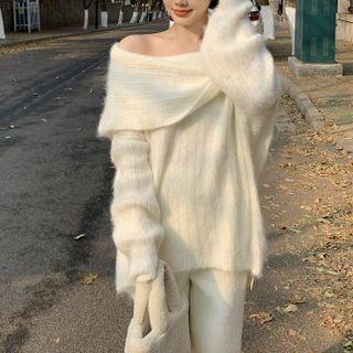 Off-shoulder Plain Sweater / Wide Leg Pants