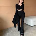Long-sleeve Shirred Crop T-shirt / Wide Leg Pants