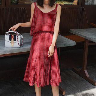 Set: Gingham Camisole Top + Midi Skirt