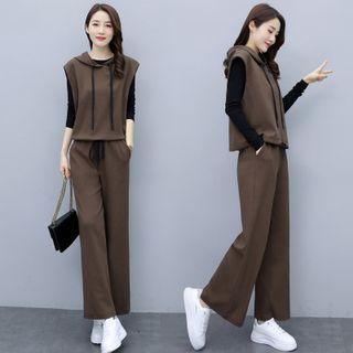 Set: Long-sleeve T-shirt + Hooded Vest + Wide Leg Pants