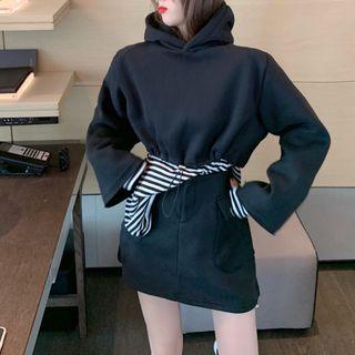 Drawstring-cuff Hoodie / Mini Pencil Skirt / Long-sleeve Striped Top