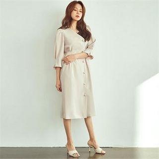 Pintuck-detail Faux-pearl Button Dress