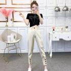 Sequined Short-sleeve T-shirt / High-waist Cropped Pants