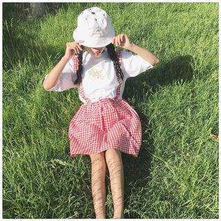 Gingham Elbow-sleeve Mock Two-piece Dress