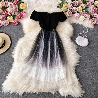 Off-shoulder Star Sequin Mesh Panel Dress