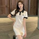 Short-sleeve Collar Mini Sheath Dress White - One Size