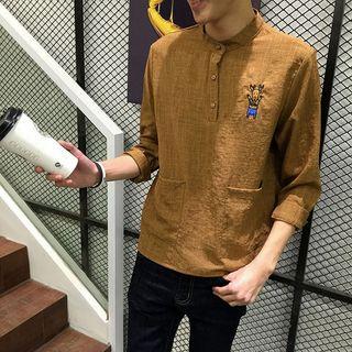 Deer Embroidered Buttoned 3/4 Sleeve Top