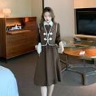 Set: Long-sleeve Collared Midi A-line Dress + Toggle Vest