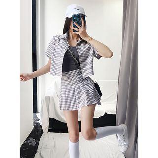 Checked Shirt / Dip-back Pleated Mini Skirt