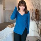 Long-sleeve V-neck Plain Irregular Buttoned T-shirt
