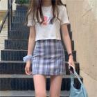 Short-sleeve Bear Printed T-shirt / Plaid Mini Skirt