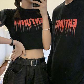 Lettering Short-sleeve Cropped T-shirt / Elbow-sleeve T-shirt