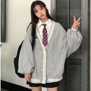 Contrast Trim Cardigan / Plain Shirt With Tie