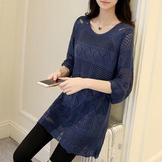 Pointelle Knit 3/4-sleeve Long Cardigan