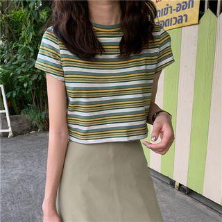 Striped Knit Cropped Top / High-waist Skirt