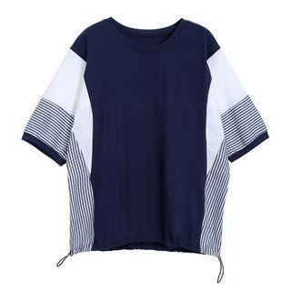 Striped Panel Drawstring-hem T-shirt