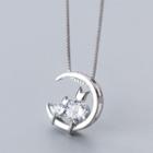 925 Sterling Silver Cat & Moon Rhinestone Necklace As Shown In Figure - One Size