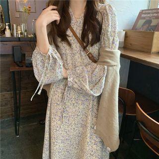 Long-sleeve V-neck Floral Print Dress Purple - One Size