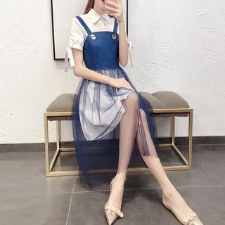 Set: Plain Short Sleeve Shirt Dress + Mesh Hem Dungaree Dress