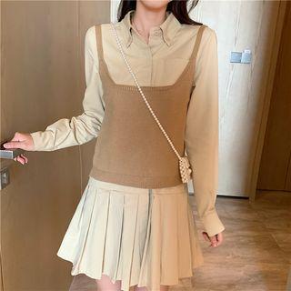 Long-sleeve Pleated Shirt Dress / Knit Vest