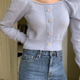 Puff-shoulder Crop Mock Cardigan