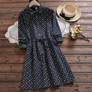 Printed Drawstring Long-sleeve A-line Dress