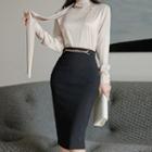 Set: Tie-neck Blouse + High-waist Pencil Skirt