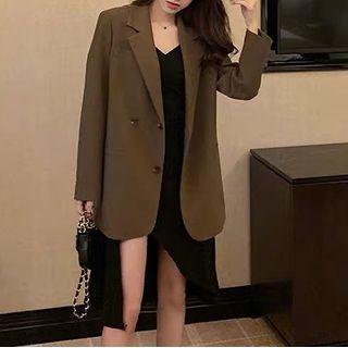 Set: Plain Blazer + Spaghetti-strap Mini A-line Dress