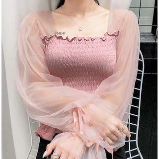 Long-sleeve Shirred Mesh Crop Top