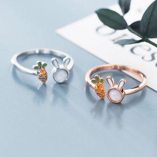 925 Sterling Silver Rhinestone Rabbit & Carrot Open Ring