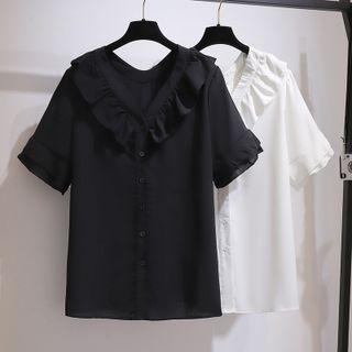 Short Sleeve V-neck Ruffled Chiffon Shirt