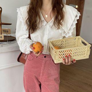 Long-sleeve Plain Lace Trim Collared Blouse