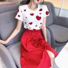 Short-sleeve Heart Embroidered T-shirt / Drawstring Waist A-line Skirt