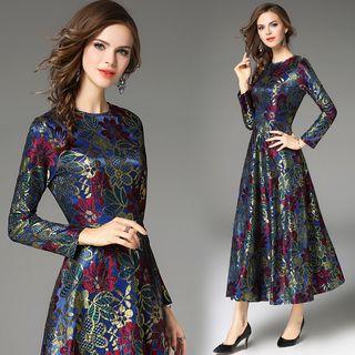 Long Sleeve Gathered-waist Floral Print Tie-waist Crewneck A-line Sheath Dress