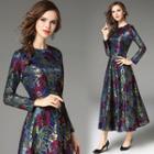 Long Sleeve Gathered-waist Floral Print Tie-waist Crewneck A-line Sheath Dress
