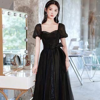 Short-sleeve Iridescent Mesh Maxi Cocktail Dress
