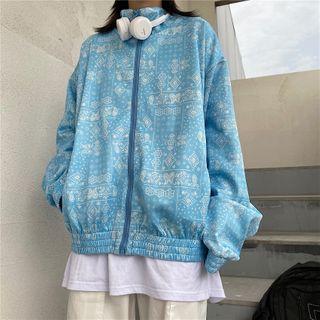 Stand Collar Paisley Print Zip Jacket