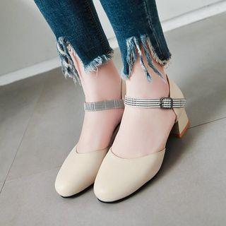 Plaid Buckled Faux Leather Block Heel Pumps