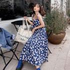 Floral Print Sleeveless Midi A-line Dress Daisy - Blue - One Size
