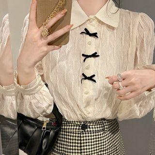Long-sleeve Faux Pearl Button Bow Lace Blouse