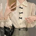 Long-sleeve Faux Pearl Button Bow Lace Blouse