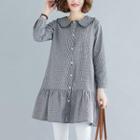 Long-sleeve Buttoned Checked Frill Trim Blouse