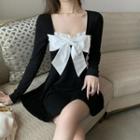 Long-sleeve Bow Lace Trim Mini A-line Dress