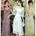 Off-shoulder Floral Print Midi A-line Dress / Elbow-sleeve Floral Embroidered Midi A-line Dress / Short-sleeve Midi A-line Dress