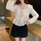 Ruffle Trim Long Sleeve Blouse As Shown In Figure - One Size