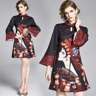 Mandarin Collar Printed Elbow-sleeve Mini A-line Dress