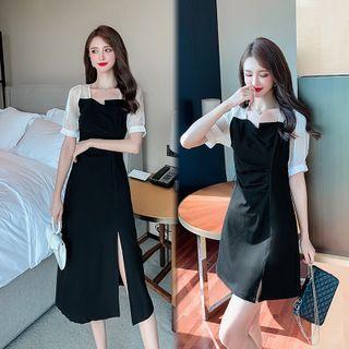 Short-sleeve Two-tone Slit A-line Dress (various Designs)