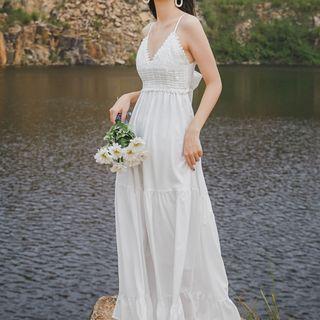 Spaghetti Strap Lace Panel Midi A-line Dress White - One Size